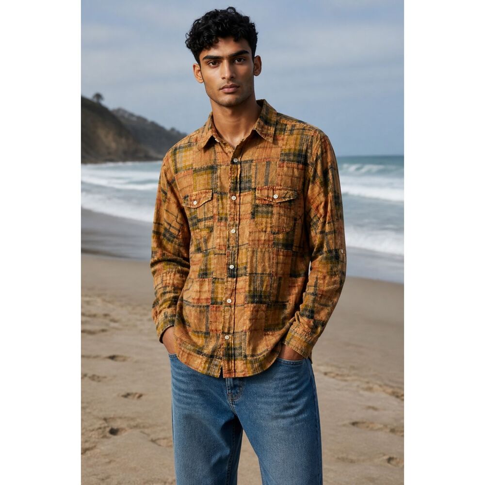 Siegfried Vintage Indian Cotton Madras Patchwork Hippie Shirt XL Y2K Retro Indie